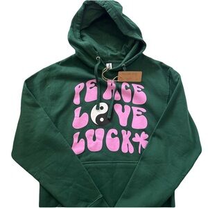 BOUTIQUE Green Hoodie “Peace, Love & Luck” NEW- NWT Women’s Small